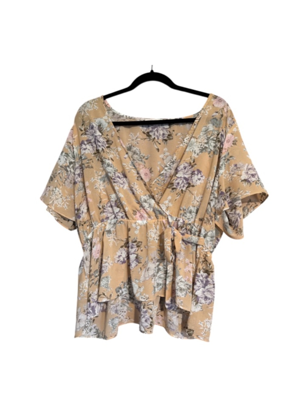 Blush Floral Wrap Peplum Top with Purple & Pink Bloom